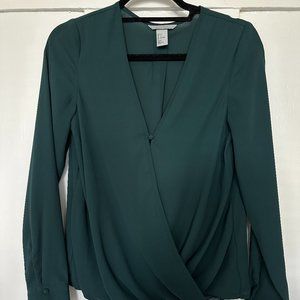 H&M Dark Green Faux Wrap Blouse